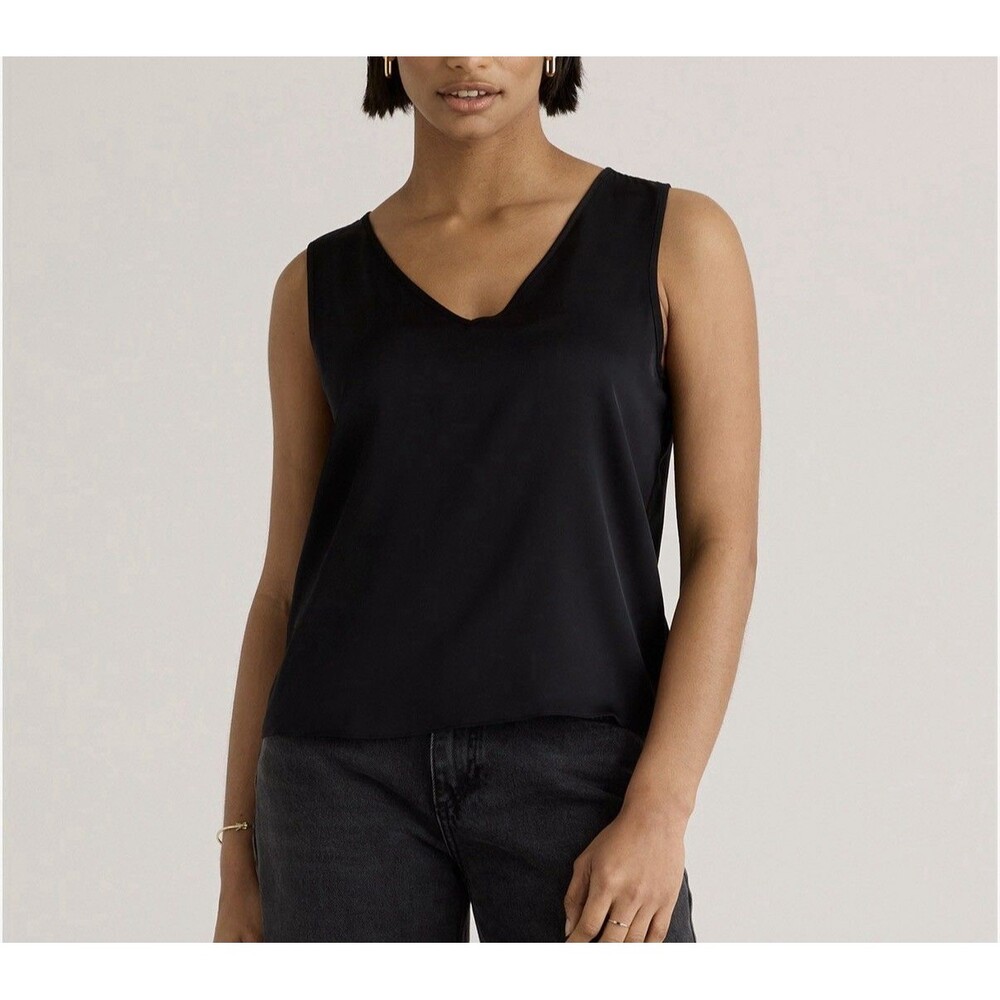 Quince Black V-Neck Sleeveless Satin-Look Tank